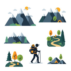 Naklejka premium Stylized vector illustrations featuring majestic mountain landscapes, winding forest paths, adventurous hikers, and cozy camping scenes in a vibrant flat design art style