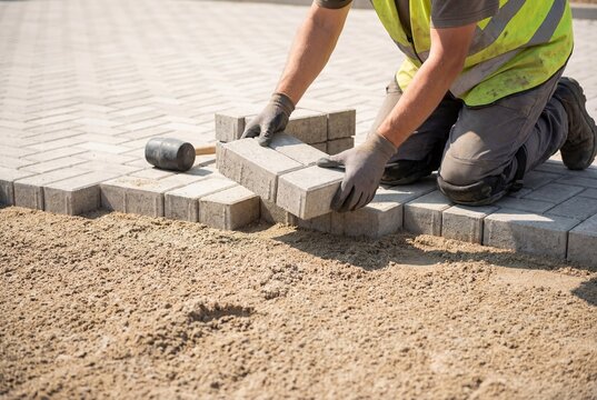 Construction worker laying grey interlocking paving stones on sand base