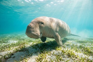 Majestic dugong swims over a seagrass bed in clear blue coastal waters