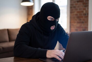 Man wearing a ski mask using a laptop computer