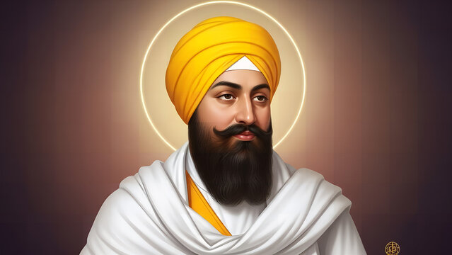 Guru Gobind Singh Ji portrait with yellow turban and halo