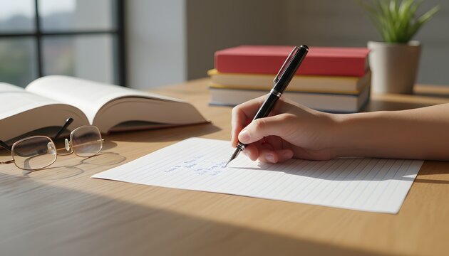 Young student writing an essay at school on a wooden desk with a book and glasses, embodying a focused learning concept