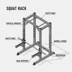 Detailed diagram of a squat rack with labeled components for weightlifting and fitness. © Agus