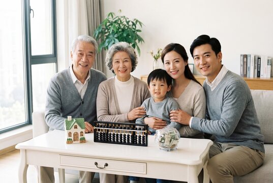 Three generation asian family sitting together with abacus house model and piggy bank for savings