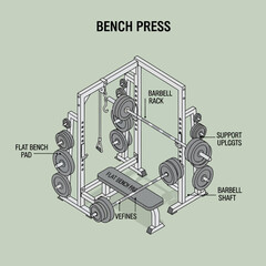 Detailed diagram of a bench press equipment with labeled parts. © Agus