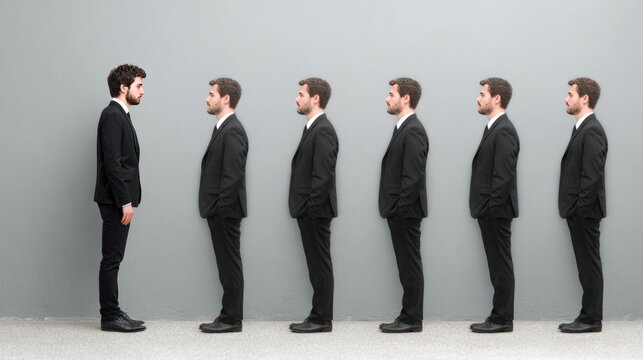 Man Facing Identical Clones: Conceptual Image of Conformity and Individuality