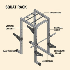 Squat Rack Diagram with Labeled Components and Safety Features. © Agus
