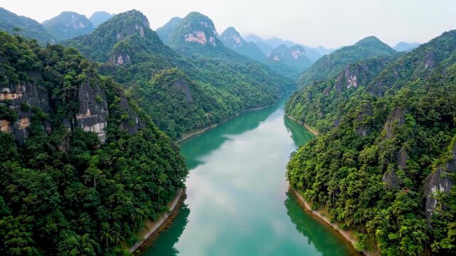Aerial photography material of mountains and rivers depending on natural scenery, Li River landscape scenery navigation
