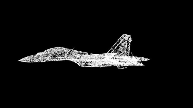 Fighter jet military aircraft flying. Wireframe low poly mesh. Available in FullHD and 4K video