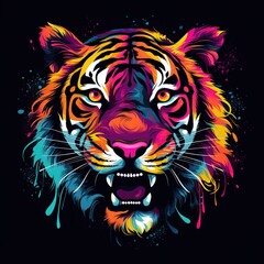 Vibrant Neon Rainbow Tiger Head Illustration with Dripping Paint Effects