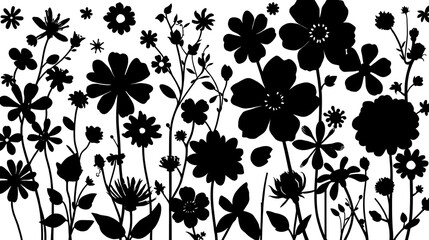 Fototapeta premium The image features a dynamic arrangement of black silhouettes depicting a variety of floral elements against a stark white background. victor