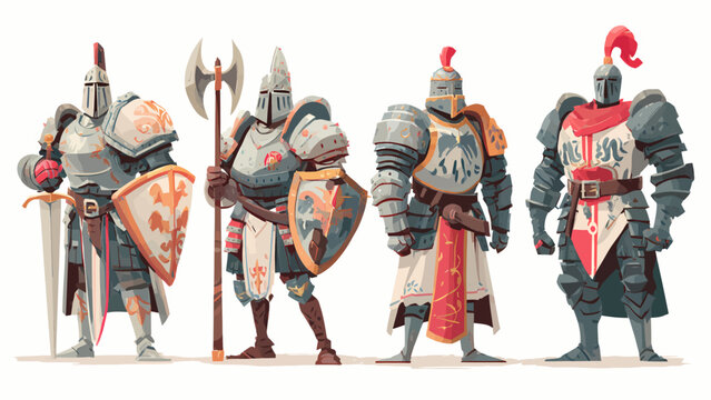 Illustration of knights in armor standing in a ceremonial formation with medieval weapons and shields
