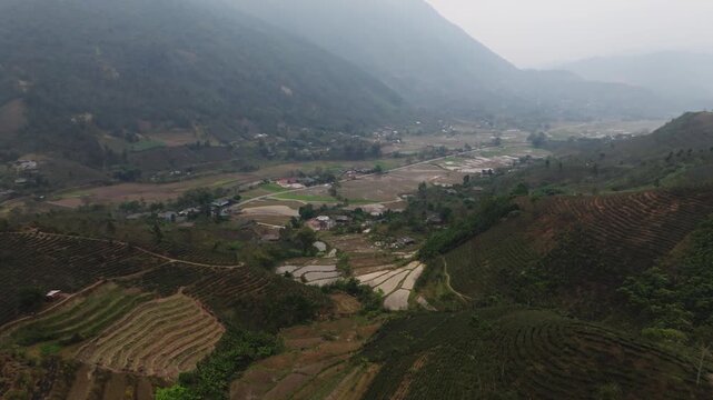 Beautiful misty morning over na pheo rice fields in vietnam showcasing the natural beauty and agriculture of the region.