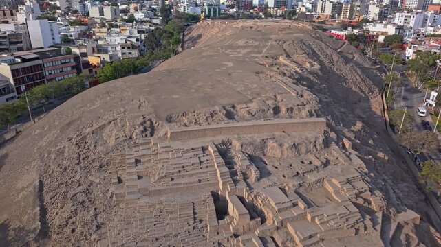 Aerial view of Huaca Pucllana pyramid in Lima, Peru, historical landmark