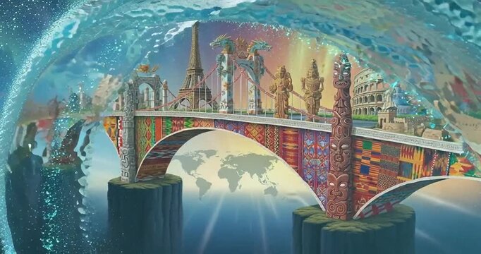 Fantasy bridge cityscape with global map.