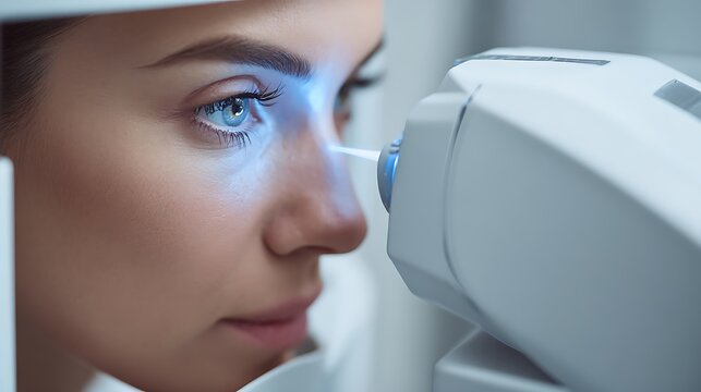 patient placing chin on autorefractor machine, blue scanning light inside device, modern optometry clinic