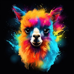 Fototapeta premium Vibrant Rainbow Paint-Splashed Llama Portrait with Neon Fur Against a Black Background