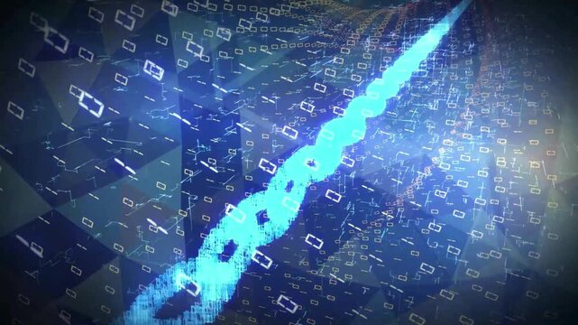 Animated cubic grid of digital data nodes and flashing information streams. technology and data flow visualization concept. Network data animation background.