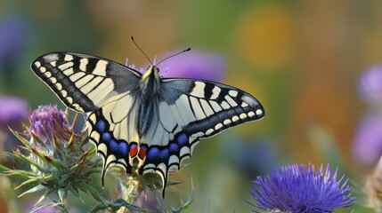 Naklejka premium Elegant Swallowtail Butterfly with Striking Wing Patterns Resting on Purple Thistle Flower