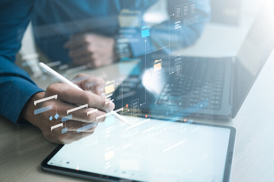 Business professional using tablet with digital workflow interface, representing project planning, task management, process optimization and corporate strategy implementation concept.