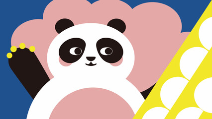 Cute cartoon panda bear waves a paw against a vibrant abstract background. © sajida