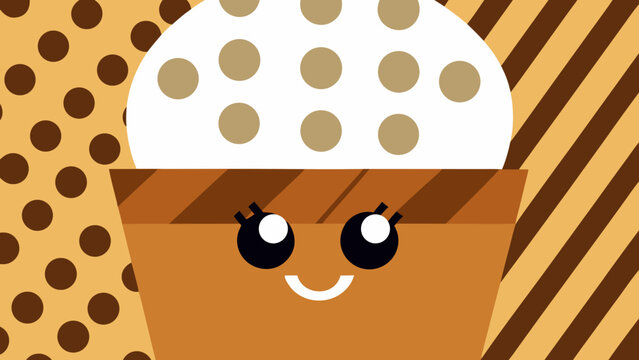 Cute cartoon cupcake with sprinkles and a smiling face sits on a patterned background.