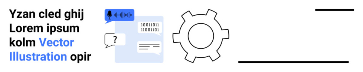 Dialogue bubble with avatars, text snippet, document icon, and gear. Ideal for tech support, messaging apps, customer service, settings interface, tutorials workflows and simple landing page