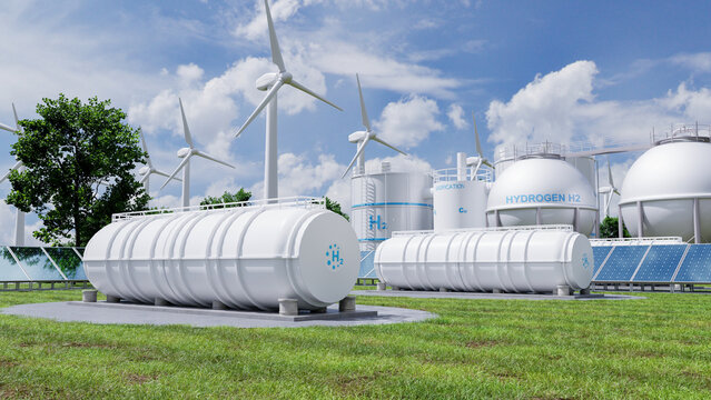 Hydrogen H2 storage tanks in renewable energy plant with wind turbines and solar panels. Clean energy production and sustainable power generation concept- 3D rendering
