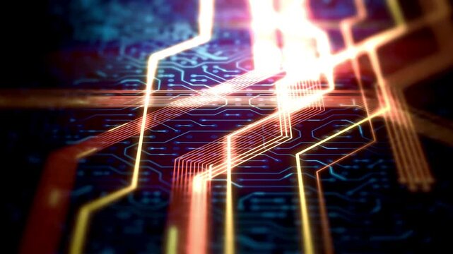 Colorful animation that shows data flow in a computer motherboard. Processor among highlighted circuits and electronic components. Big data. CPU. Hardware.