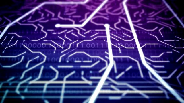 Processor among circuits and electronic components. visualizing digital impact when computer starting or booting. data flow in computer motherboard.