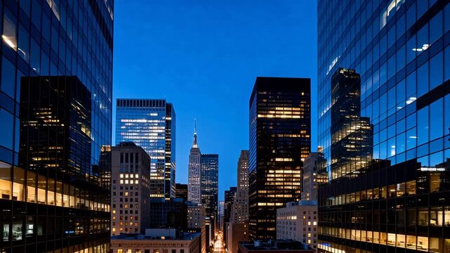 Nighttime cityscape with illuminated skyscrapers