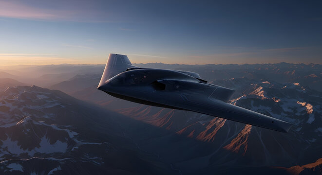 Futuristic Stealth Aircraft Soars Over Majestic Mountain Range at Sunrise