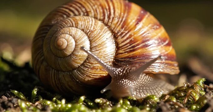 Close-up of a snail on vibrant green moss, showcasing intricate shell patterns in a natural setting
