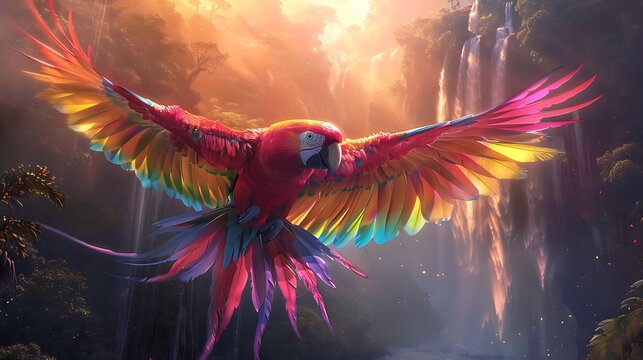 Red parrot with colorful iridescent wings flying towards the light.
