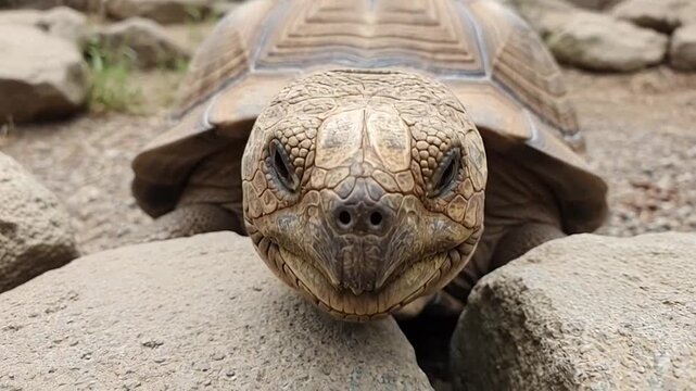 Close-up of an ancient Sulcata tortoise with detailed shell on rocky ground