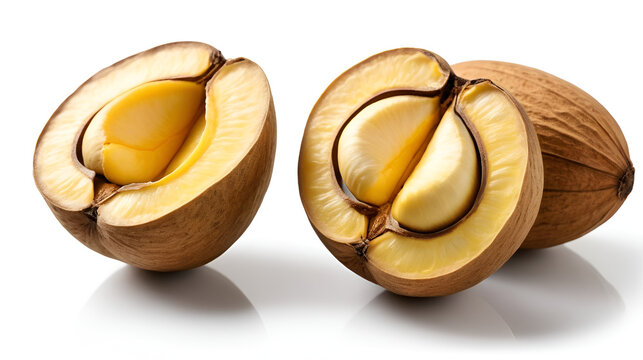 Whole pili nut and sliced open showing the kernel on white background