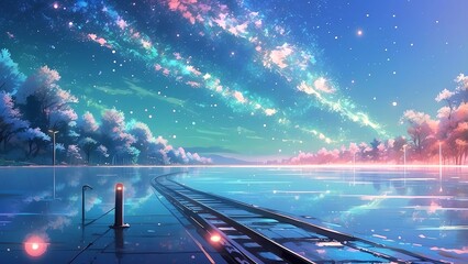 ゲーム背景　水平線の上にある列車線路ときらめく星空と湖の反射する水面