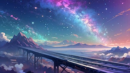 ゲーム背景　山と雲の上を走る電車線路のある風景