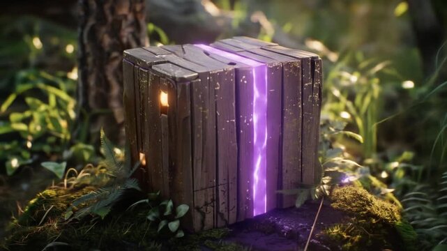 Wooden cube with illuminated crack in forest setting digital artwork