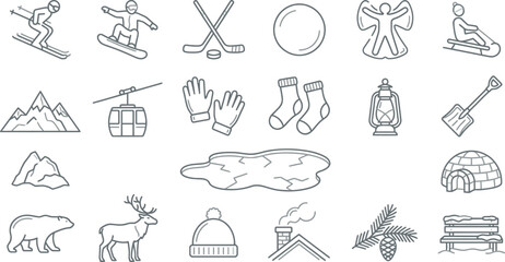 A diverse collection of outline icons representing winter, cold weather, snow sports, and related activities. © Septarim