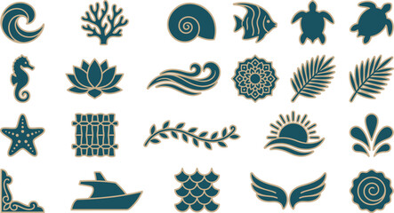 Collection of stylized aquatic and tropical themed vector icons featuring sea life and nature elements. © Septarim