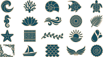 Collection of beautiful teal and gold nautical and nature inspired vector icons set © Septarim
