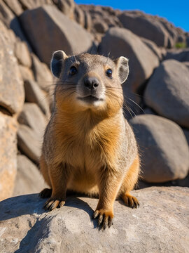 Rock hyrax on kopje under blue sky