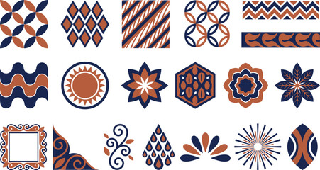 Diverse abstract geometric and organic patterns presented in a striking navy blue and terracotta color palette. © Septarim