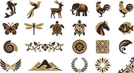 Obraz premium A diverse collection of stylized nature and animal icons in elegant two-tone brown and gold.
