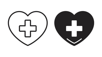 Obraz premium Medical Heart Vector Icon with Cross Symbol, Healthcare Illustration Representing Health Services, Hospital Care, Wellness Support, Black and White Vector Graphic for Medical Design