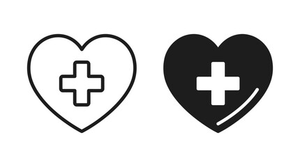 Fototapeta premium Medical Heart Vector Icon with Cross Symbol, Healthcare Illustration Representing Health Services, Hospital Care, Wellness Support, Black and White Vector Graphic for Medical Design