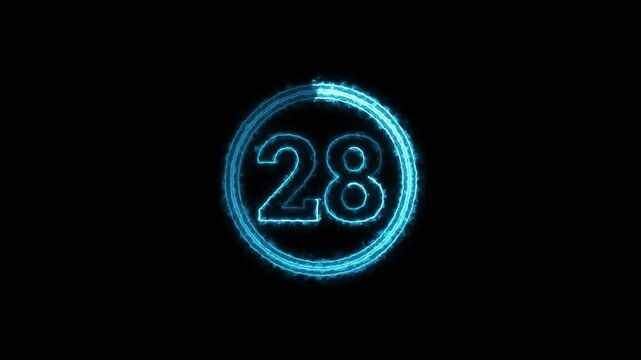 Neon glowing blue light countdown number 28 in circular animation frame on black background