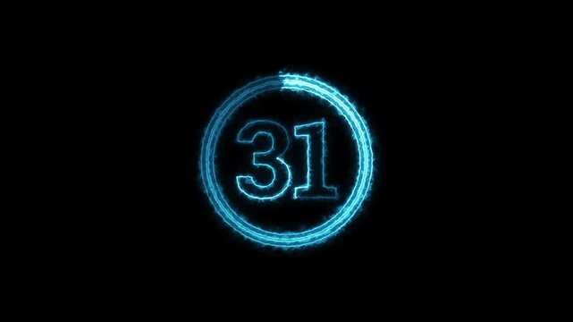 Neon glowing 31 number countdown animation in blue circle loop for futuristic gaming tech interface