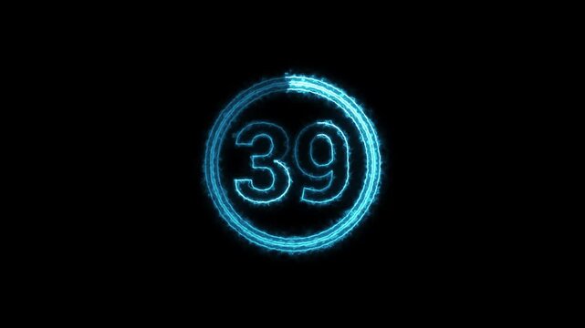 Abstract blue neon glowing number countdown animation with circular loading progress bar on black background